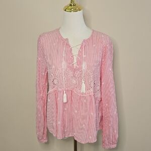 GAP Pink & White Embroidered Peasant Blouse – Boho Cottagecore, Size M